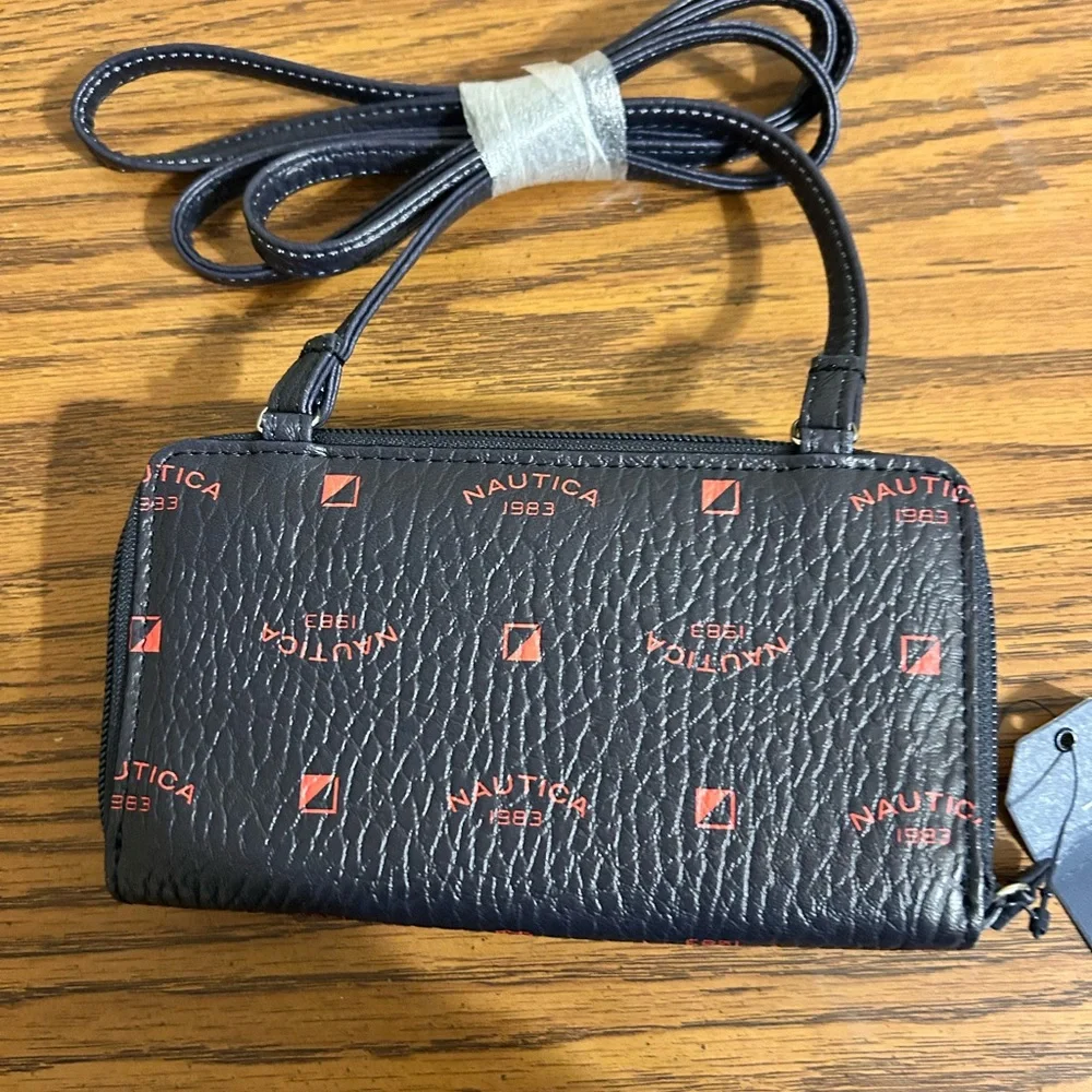 NWT Nautica Black Wristlet/Crossbody Strap/Red Logo Print/RFID Blocking Tech